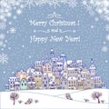 Merry Christmas and Happy New Year holiday background with inscription,urban landscape and snowfall. Merry Christmas vintage Royalty Free Stock Photo