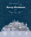 Merry Christmas and Happy New Year holiday background with inscription,urban landscape and snowfall. Merry Christmas vintage Royalty Free Stock Photo