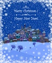 Merry Christmas and Happy New Year holiday background with inscription,urban landscape and snowfall. Merry Christmas vintage Royalty Free Stock Photo