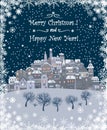 Merry Christmas and Happy New Year holiday background with inscription,urban landscape and snowfall. Merry Christmas vintage Royalty Free Stock Photo