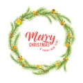 Merry Christmas and Happy New Year. Holiday background. Christmas wreath made of pine wood, decorated with a gold and red dots. Royalty Free Stock Photo