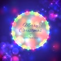 Merry Christmas and happy new year holiday greeting card. Colourful christmas lights on blue background. Glowing xmas garland Royalty Free Stock Photo