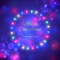 Merry Christmas and happy new year holiday greeting card. Colourful christmas lights. Glowing lights on dark blue background Royalty Free Stock Photo