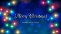 Merry Christmas and happy new year holiday greeting card. Colourful christmas lights. Glowing xmas garland. Gold lettering