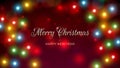 Merry Christmas and happy new year holiday greeting card. Colourful christmas lights. Glowing xmas garland. Gold lettering