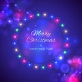 Merry Christmas happy new year greeting card. Colourful christmas lights. Wreath glowing xmas garland. Vector xmas party banner Royalty Free Stock Photo