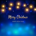 Merry Christmas and happy new year holiday greeting card. Golden christmas lights. Glowing xmas lights on blue background. Vector Royalty Free Stock Photo