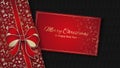 Merry Christmas, happy new year holiday greeting card, invitation. Xmas graphic. Red and gold gift wrap with bow. Dark background Royalty Free Stock Photo