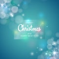 Merry Christmas and happy new year holiday greeting card. Merry Christmas lettering in frame. Colourful xmas glowing lights, bokeh Royalty Free Stock Photo