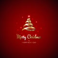 Merry Christmas and happy new year holiday greeting card. Christmas tree shaped gold ribbon, serpentine. Stars, sparkles on red
