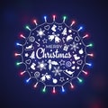 Merry Christmas and happy new year holiday greeting card. Xmas design elements on blue bokeh background. Colourful christmas Royalty Free Stock Photo