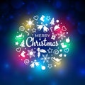 Merry Christmas and happy new year holiday greeting card. Xmas design elements on blue bokeh background. Colourful christmas Royalty Free Stock Photo