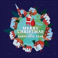 Merry Christmas and Happy New Year holiday Santa Claus carrying sack full of gifts, background Earth planet. Vector Royalty Free Stock Photo