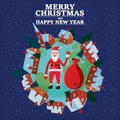 Merry Christmas and Happy New Year holiday Santa Claus carrying sack full of gifts, background Earth planet. Vector Royalty Free Stock Photo