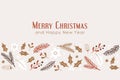 Merry Christmas and Happy New Year horizontal banner with decorative floral elements. Royalty Free Stock Photo