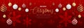 Merry christmas and happy new year horizontal banner. Luxury and elegant red background with snowflake decoration, gold balls Royalty Free Stock Photo