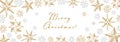 Merry Christmas and Happy New Year horizontal greeting card with hand drawn golden stars and snowflakes. Vector illustration in Royalty Free Stock Photo