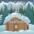 Merry Christmas and Happy New Year. Illustration with a house in a forest