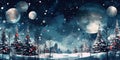 Merry Christmas and a happy new year. Illustration of night winter village landscape. Frosty tree with red christmas Royalty Free Stock Photo