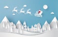 Merry Christmas and Happy New Year. Illustration of Santa Claus on the sky coming to City ,paper art and craft style Royalty Free Stock Photo