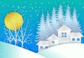 Merry Christmas and Happy New Year. Illustration of winter snow and full moon paper art style.