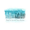 Merry Christmas and Happy New Year illustration with winter watercolor old european houses, snow on blue teal stain