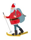 Merry Christmas and Happy New Year. Isolated Santa Claus with a gifts in a big backpack by ski on a white background. Vector cute