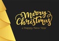 Merry Christmas and Happy New Year lettering on a black background with decorations of a gold foil. Winter holidays postcard in mo Royalty Free Stock Photo