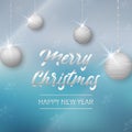 Merry Christmas and Happy New Year lettering. Christmas background with silver Christmas balls, stars and falling Royalty Free Stock Photo