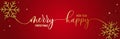 Merry Christmas and Happy New year lettering, with gold 3D snowflakes on red background.