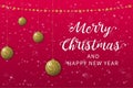 Merry Christmas and Happy New Year lettering with golden Christmas balls, snowflakes, stars and garland. Christmas
