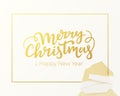 Merry Christmas and Happy New Year lettering made of gold foil. Winter holidays greeting card design with silver background Royalty Free Stock Photo
