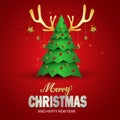 Merry Christmas and happy new year lettering red background template. Greeting card invitation with green tree and reindeer horn Royalty Free Stock Photo