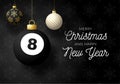 Merry Christmas and Happy New Year luxury Sports greeting card. Billiard ball as a Christmas ball on black background. Vector Royalty Free Stock Photo