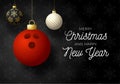 Merry Christmas and Happy New Year luxury Sports greeting card. Bowling ball as a Christmas ball on black background. Vector