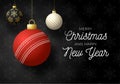 Merry Christmas and Happy New Year luxury Sports greeting card. Cricket ball as a Christmas ball on black background. Vector Royalty Free Stock Photo