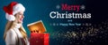 Merry Christmas and Happy New Year message with woman opening a box Royalty Free Stock Photo