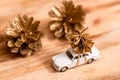 merry christmas and happy new year. modern presents, ornaments, car toy with tree, anise cones and lights on rustic white wooden Royalty Free Stock Photo