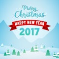 Merry Christmas and Happy New Year Mountains Snowfall Landscape with Trees. Winter Holidays Greeting Card Royalty Free Stock Photo