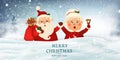 Merry Christmas. Happy new year. Mrs. Claus Together. Vector cartoon character of Happy Santa Claus and his wife on big Royalty Free Stock Photo