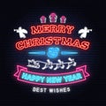 Merry Christmas and Happy New Year neon sign with angels, santa claus in sleigh with deer and christmas gifts. Vector. Royalty Free Stock Photo