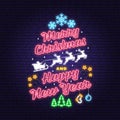 Merry Christmas and 2022 Happy New Year neon sign with angels, santa claus in sleigh with deer and christmas gifts Royalty Free Stock Photo