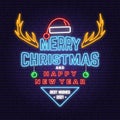 Merry Christmas and Happy New Year neon sign with elk, christmas hat, hanging christmas ball Vector. Vintage typography Royalty Free Stock Photo