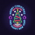 Merry Christmas and Happy New Year neon sign with snowflakes, hanging christmas ball, tree. Vector. Vintage typography Royalty Free Stock Photo