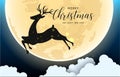 Merry Christmas and Happy New Year night for greeting card. moon in clouds, stars and snowfall. Santa Claus and reindeers Royalty Free Stock Photo