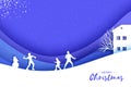 Merry Christmas and Happy New Year. Origami Winter Snowball game. Landscape. Village with blue sky. Entertainment in