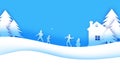 Merry Christmas and Happy New Year. Origami Winter Snowball game. Landscape. Village with blue sky. Entertainment in