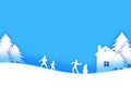 Merry Christmas and Happy New Year. Origami Winter Snowball game. Landscape. Village with blue sky. Entertainment in