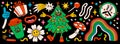 Merry Christmas and Happy New year pack of trendy retro cartoon characters. Groovy hippie Christmas stickers with