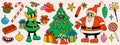 Merry Christmas and Happy New year pack of trendy retro cartoon characters. Groovy hippie Christmas stickers with Santa